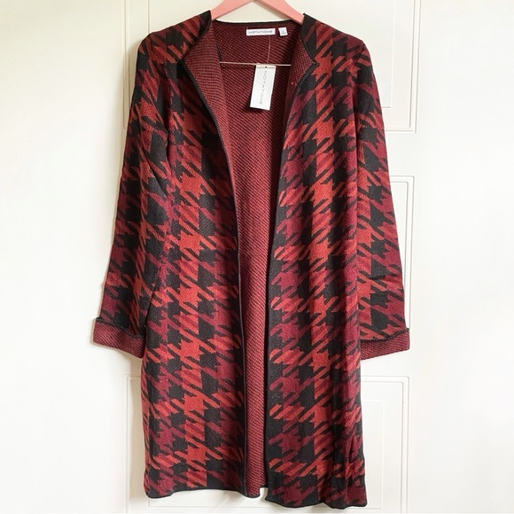 NWT Notations Red and Black Houndstooth Plaid Knit Cardigan Sweater Small - Picture 1 of 6